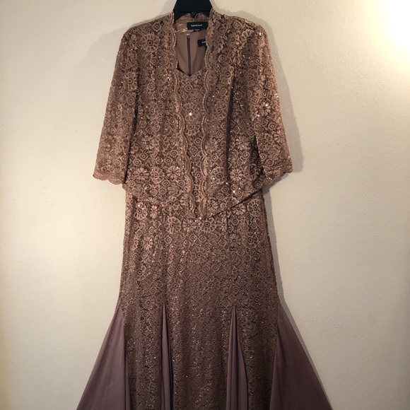 R & M Richards Sequins & Lace Dark Mocha Formal Gown & Jacket - Picture 2 of 16